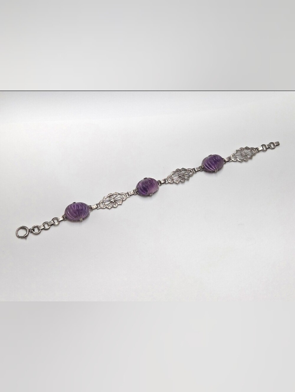 Vintage Art Deco Sterling Silver Filigree & Carved Amethyst Bracelet 7.5"